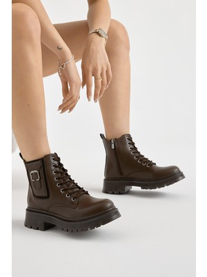 Tonny Black Kadın Kahve Kalın Termo Taban Tokalı Bağcıklı ve Fermuarlı Bot