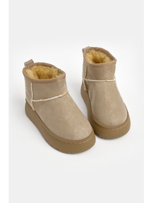 Tonny Black Çocuk Unisex Bej Kalın Poli Taban Süet Görünümlü Bot Kaydırmaz Taban ile Güvenli Adımlar