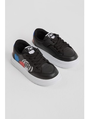 Tonny Black Çocuk Unisex Siyah Kırmızı Eva Faylon Taban Desenli Bağcıklı ve Cırtlı Spor Ayakkabı