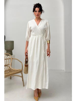 Serica Moda Ekru Kruvaze Yaka Bağlama Detaylı Müslin Elbise