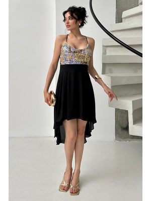 Serica Moda Siyah Payet Detaylı Askılı Elbise