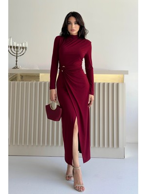Serica Moda Bordo Büzgülü Aksesuar Detaylı Elbise