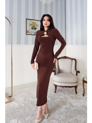 Serica Moda Kahve Tokalı Pencere Detaylı Elbise