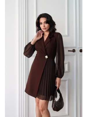 Serica Moda Kahve Plise Detaylı Kruvaze Ceket Elbise