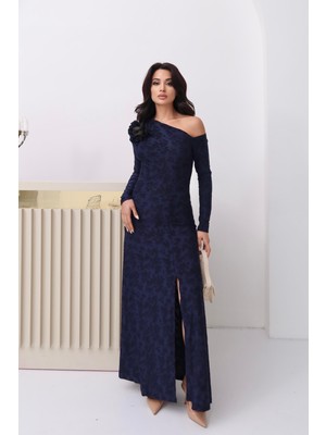Serica Moda Lacivert Çiçek Detaylı Tek Omuz Elbise