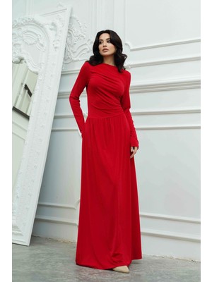 Serica Moda Kırmızı Büzgü Detaylı Uzun Kollu Kloş Etekli Elbise