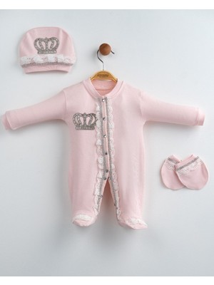 Eda Baby Taşlı Taç Nakışlı Lüks Dantel Detaylı 3'lü Hastane Çıkışı Seti