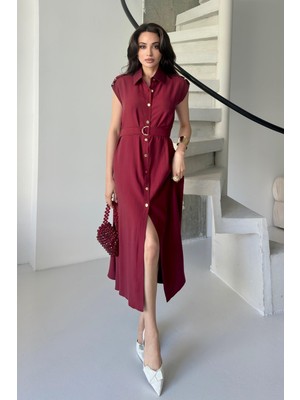 Serica Moda Bordo Kemer Detaylı Gömlek Yaka Midi Elbise