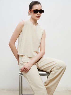 Soulife Bisiklet Yaka Yırtık Detaylı Keten Karışımlı Bluz