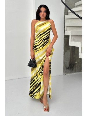 Serica Moda Sarı Desenli Ip Askılı Yırtmaçlı  Elbise