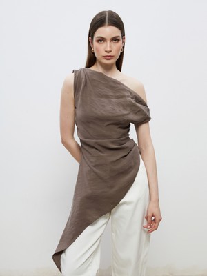 Soulife Kayık Yaka Büzgülü Asimetrik Kesim Bluz