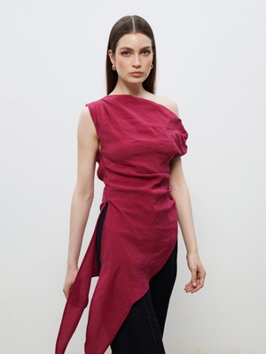 Soulife Kayık Yaka Büzgülü Asimetrik Kesim Bluz