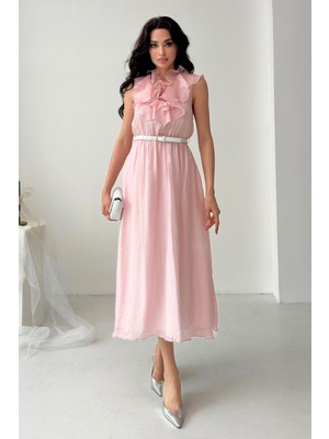 Serica Moda Pudra Fırfırlı Yaka Kemerli Astarlı Tül Elbise