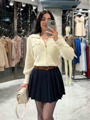 Rita Gold Detay Polo Yaka Yumuşak Dokulu Angora Hırka Taş