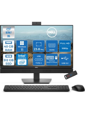 Dell Pro All-In-One Intel Core Ultra 7 265 5.3ghz 40GB Ddr5 512GB SSD Intel Aı Boost Windows 11 Home 23.8'' 100HZ Fullhd (1920 x 1080) Bilgisayar BTO154QC24250H19 + Zetta Flash Bellek