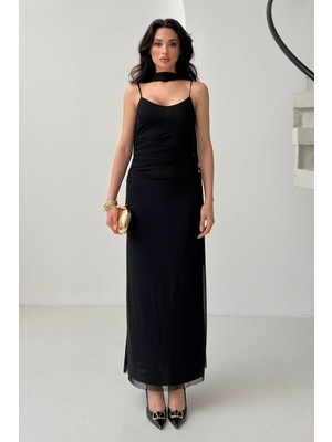 Serica Moda Siyah Şal Detaylı Askılı Tül Elbise