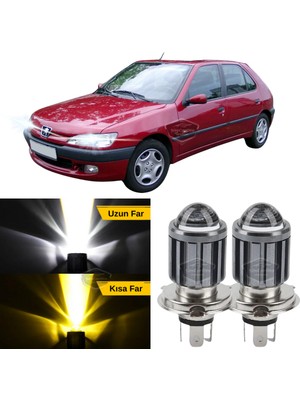 Caralp Peugeot 306 1993-2002 Uyumlu Mercekli Far Ampulü LED Xenon Çift Renk Sarı-Beyaz Far Şimşek Etkili Csp LED Lamba Uzun Kısa 2 Adet Takım