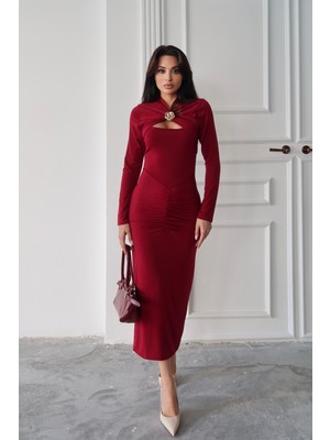 Serica Moda Bordo Tokalı Pencere Detaylı Elbise