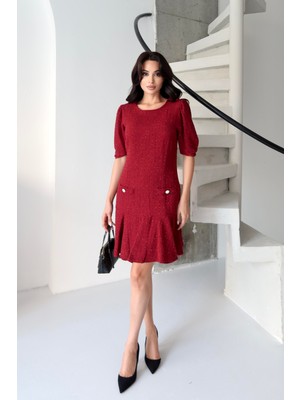 Serica Moda Bordo Tüvit Kumaş Cep Detaylı Volanlı Elbise