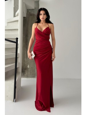 Serica Moda Bordo Kruvaze Pile Detaylı Sırt Bağlamalı Elbise