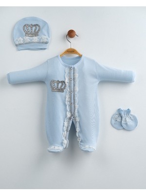 Eda Baby Taşlı Taç Nakışlı Lüks Dantel Detaylı 3'lü Hastane Çıkışı Seti