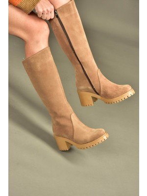 Fox Shoes R654047702 Taba/kahverengi Hakiki Deri Süet Kalın Topuklu Kadın Çizme