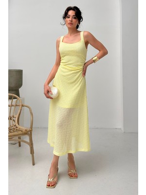 Serica Moda Sarı Kare Yaka Askılı Dantelli Elbise