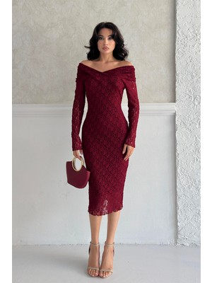 Serica Moda Bordo Madonna Yaka Astarlı Dantel Elbise