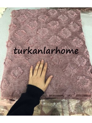 Türkanlar Home 200 x 170 cm Şönil Dokulu Jakarlı Koltuk Örtüsü Bohem Kare Desen Gül Kurusu Kaymaz