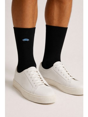 Erkek Mavi Araba Nakışlı Soket Çorap Siyah