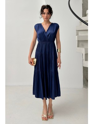 Serica Moda Lacivert Kruvaze Fırfır Detaylı Kolsuz Midi Elbise