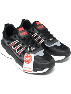Wickers Waykon Siyah-Kırmızı Bağcıklı Şerit Detaylı Sneaker Günlük Spor Ayakkabı