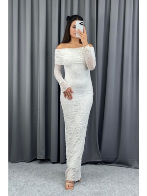 Serica Moda Ekru Madonna Yaka  Dantel Detaylı Tasarım Elbise