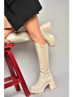 Fox Shoes T973390009 Bej Kalın Topuklu Kadın Çizme