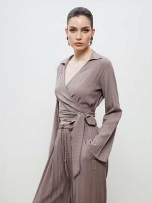 Soulife Kruvaze Yaka Dokulu Crop Bluz