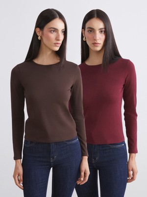 Soulife Bisiklet Yaka Çizgili Kadın Body 2'li