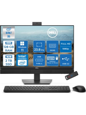 Dell Pro All-In-One Intel Core Ultra 7 265 5.3ghz 128GB Ddr5 2tb SSD Intel Aı Boost Windows 11 Home 23.8'' 100HZ Fullhd (1920 x 1080) Bilgisayar BTO154QC24250H51 + Zetta Flash Bellek