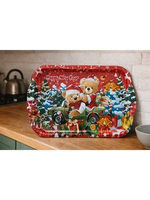 Atagift Hediyelik Yılbaşı Temalı Ayıcık Desenli Büyük Boy 35X20 cm Metal Sunum Tepsisi – Happy New Year Çy Kahve Sunum Epsi