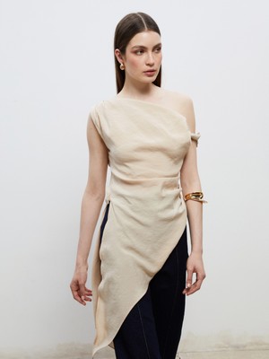 Soulife Kayık Yaka Büzgülü Asimetrik Kesim Bluz