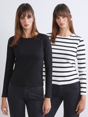 Soulife Bisiklet Yaka Çizgili Kadın Body 2'li