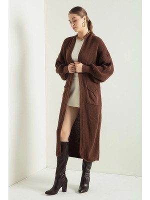 Newco Kadın Uzun Oversize Triko Hırka Cepli, Kalın Dokulu, Acı Kahverengi