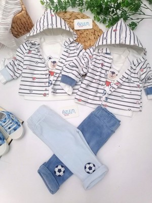 Elçi Topçu Ayıcık Hırkalı Kadife 3'lü Takım Lacivert - 6 Ay