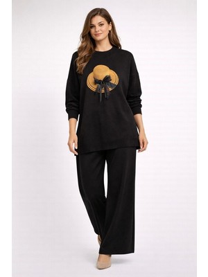 BezeXL Büyük Beden Önü Baskılı Ikili Triko Takım Siyah