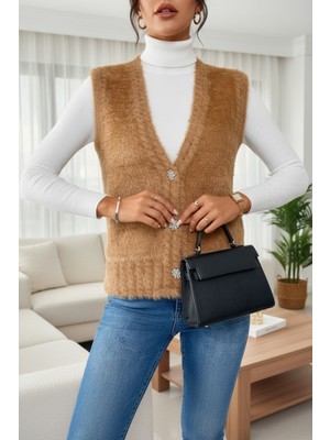 Newco Modern Stil Yumuşak Doku Günlük ve Ofis Kullanımına Uygun Triko Yelek - Bej