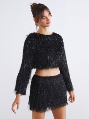 Soulife Bisiklet Yaka Crop Kadın Tüylü Triko Kazak