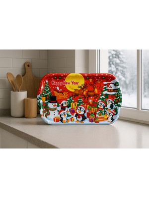 Atagift Hediyelik Yılbaşı Temalı Penguen & Kardan Adam Desenli Büyük Boy 35X20 cm  Metal Sunum Tepsisi – Happy New Year Çay Kahve Sunumtepsisi