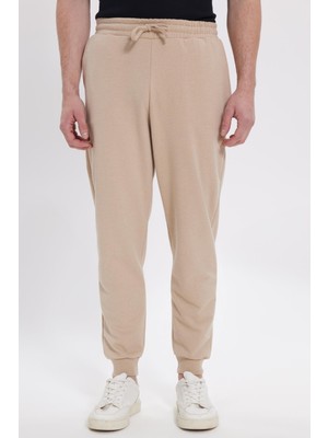 Tudors Erkek Regular Fit Klasik Kesim Beli Bağcıklı Jogger Cepli Lastikli Paça Bej Eşofman Altı