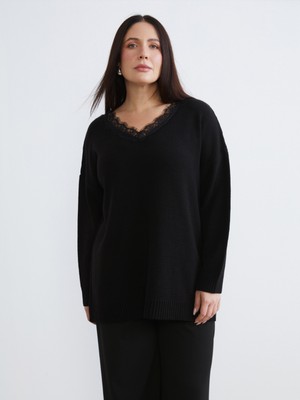 Soulife Büyük Beden Dantel Detaylı Kadın Triko Kazak