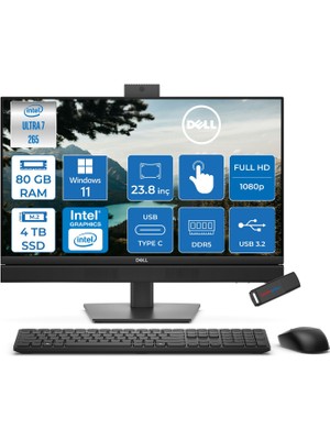 Dell Pro All-In-One Intel Core Ultra 7 265 5.3ghz 80GB Ddr5 4tb SSD Intel Aı Boost Windows 11 Pro 23.8'' Dokunmatik 75HZ Fullhd (1920 x 1080) Bilgisayar BTO155QC24250P40 + Zetta Flash Bellek