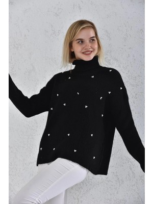 Lujiz Kadın Taş Işlemeli Boyunlu Kazak Kadın Kazak